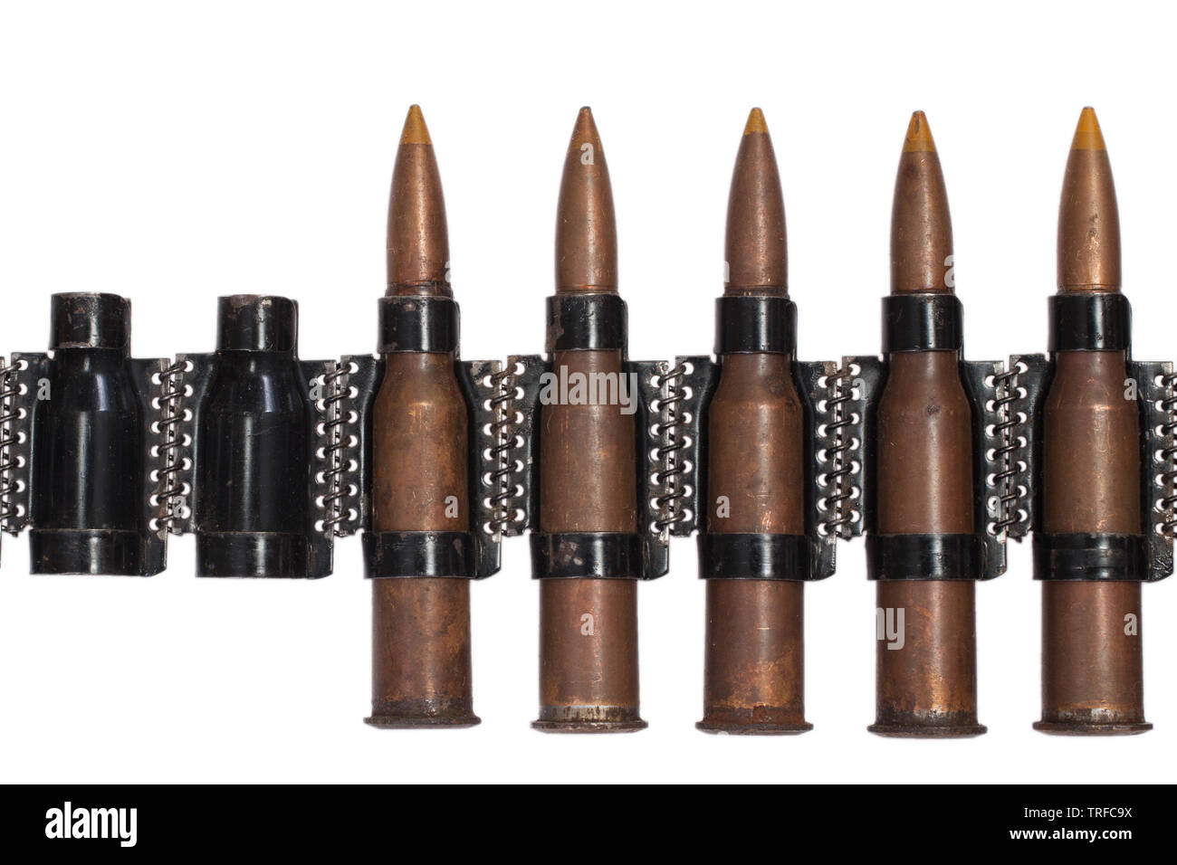 Machine gun belt loaded with 7.62x54mm USSR cartridges isolated on