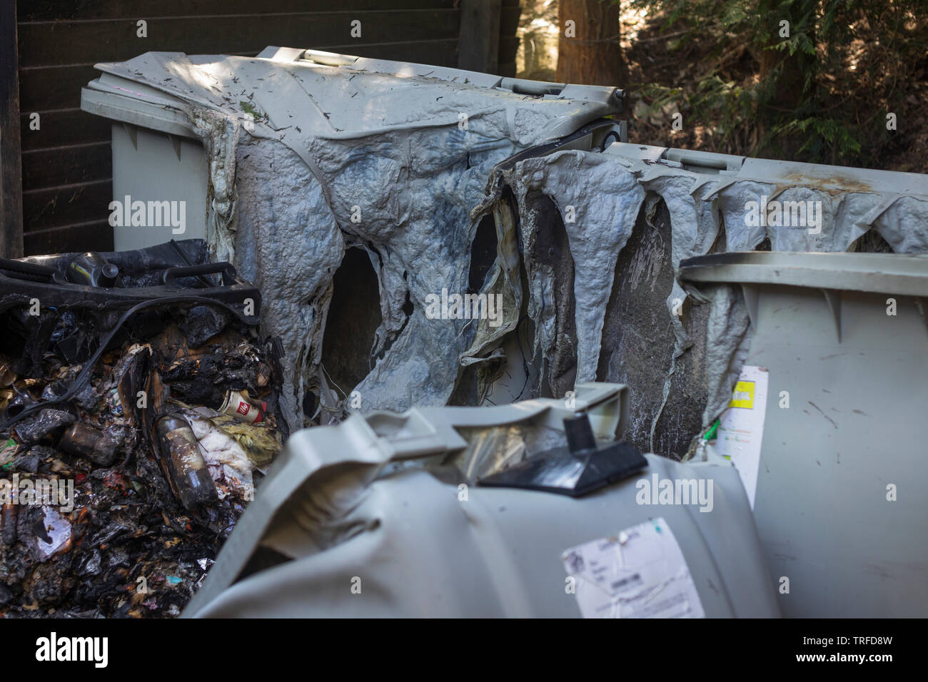 Melted pvc garbage cans after a fire Stock Photo