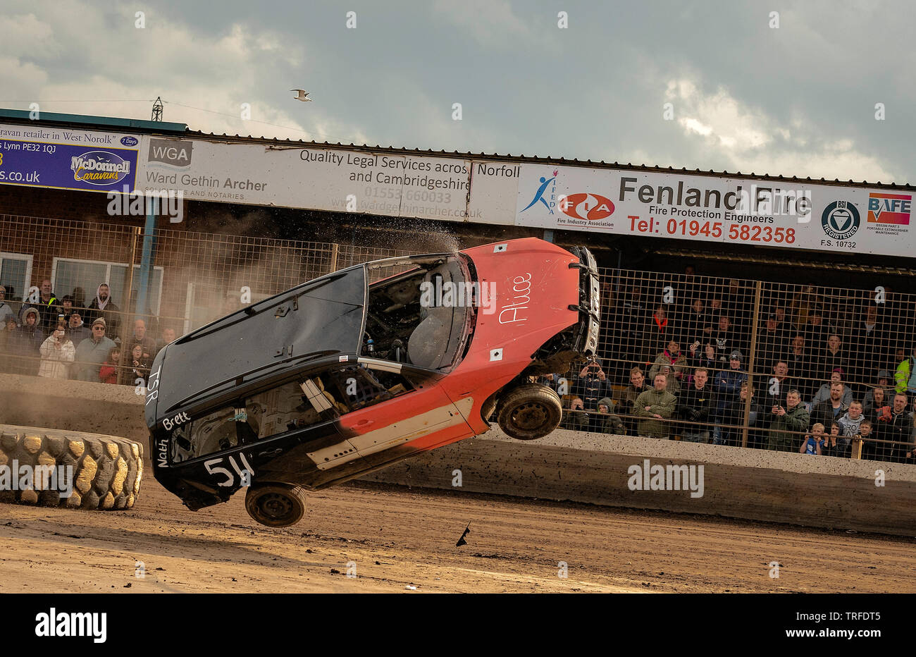 Ramp Rollover at the Adrian Flux Arena, Kings Lynn, Norfolk, UK Stock Photo