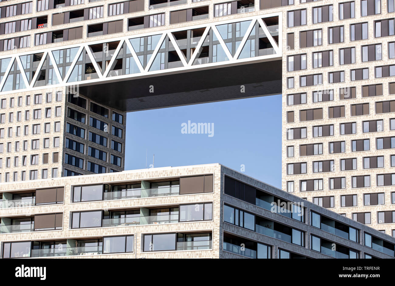 Amsterdam, Niederlande, Hauskomplex Pontsteiger im ehemaligen Holzhafen, an der Ij, Houthavens, Hochhaus mit Wohnungen, Hotel, Gastronomie, Büros, Stock Photo