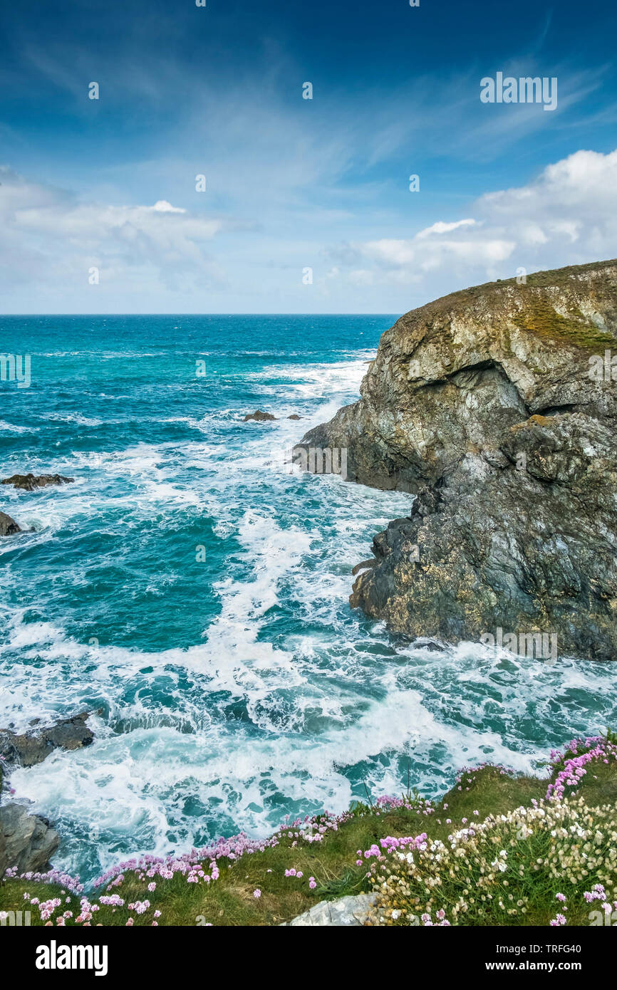 The rugged rocky coast around Pentire Point West in Newquay in Cornwall. Stock Photo