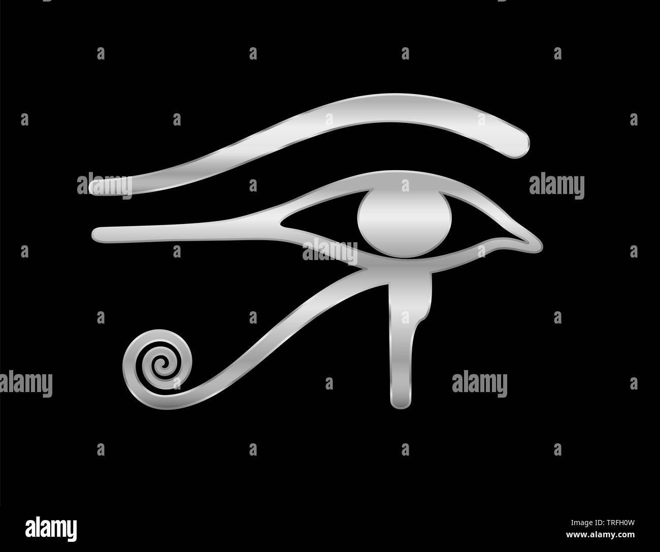 Eye of Horus. Ancient Egyptian silver symbol of goddess Wedjat - illustration on black background. Stock Photo