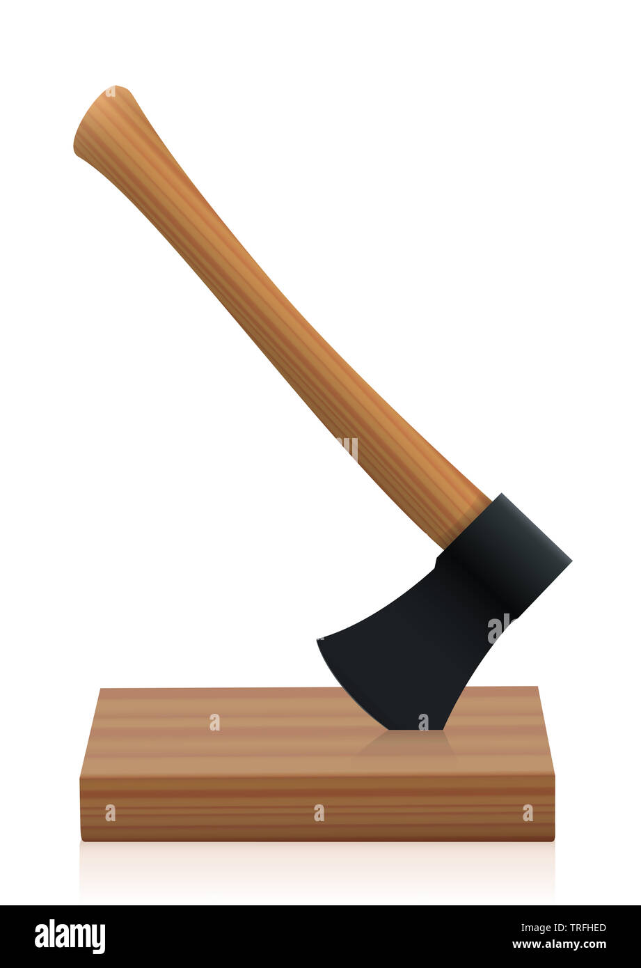 Axe with wooden handle and black head stuck in a board - illustration on white background. Stock Photo