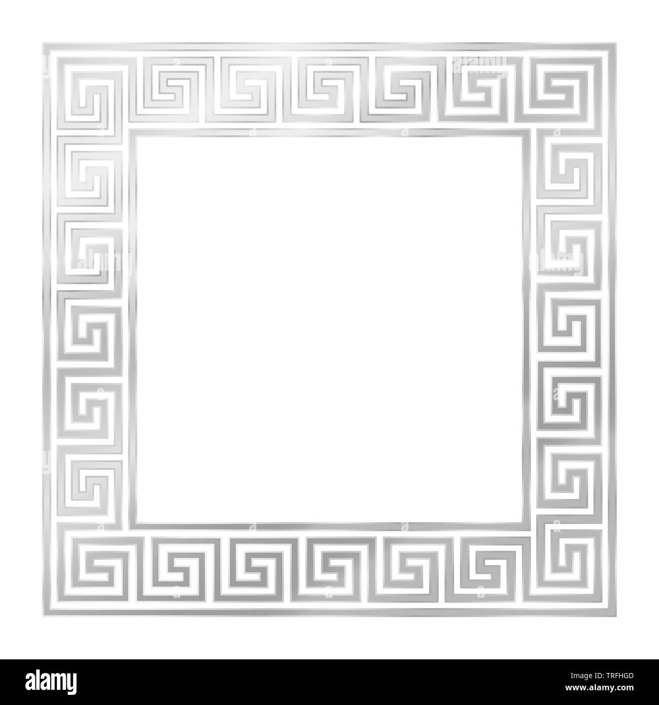 Silver square frame, seamless meander pattern. Meandros, a decorative border, constructed from continuous lines, shaped into a repeated motif. Stock Photo