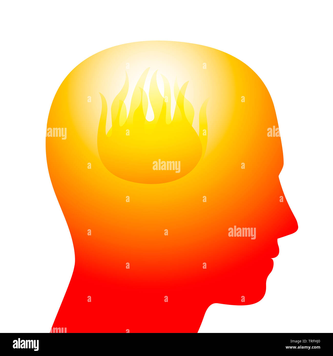 Hothead, firebrand, hotspur. Symbolized with flames in an orange and red head of a young person. Stock Photo