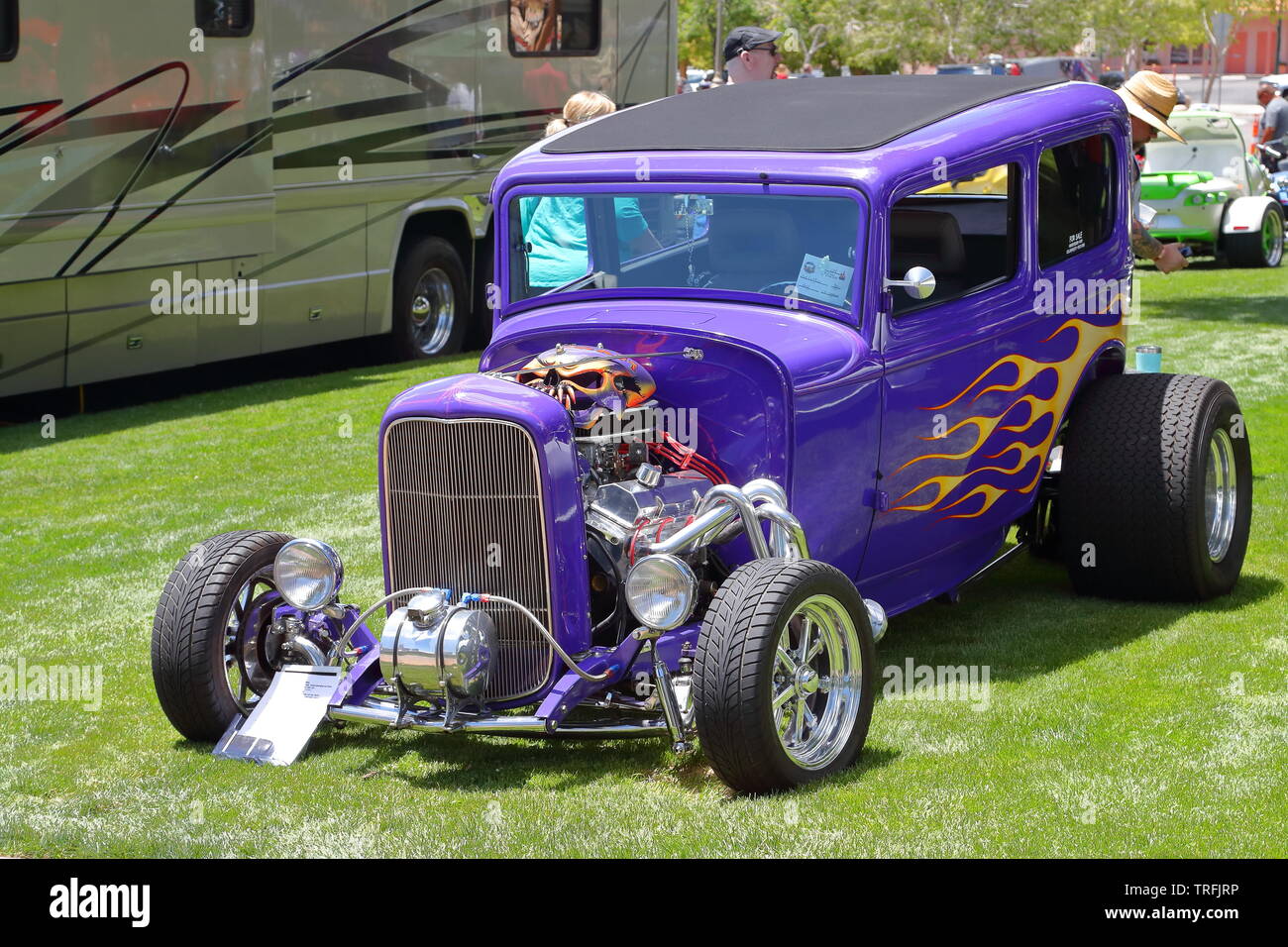 A purple Ford 2 Door hot rod at a memorial day event at Boulder City, Nevada, USA Stock Photo