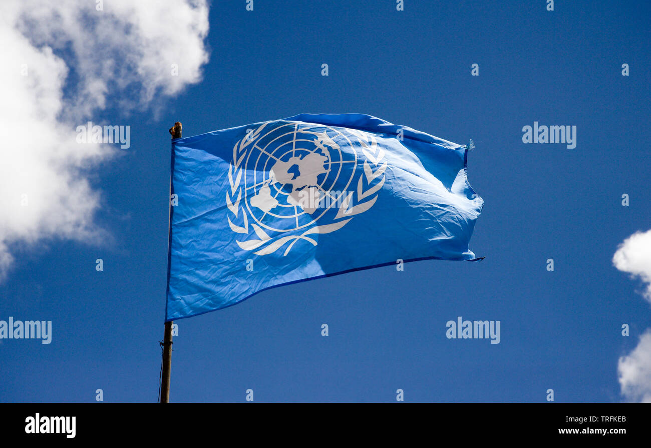 The flag of the United Nations flying Stock Photo