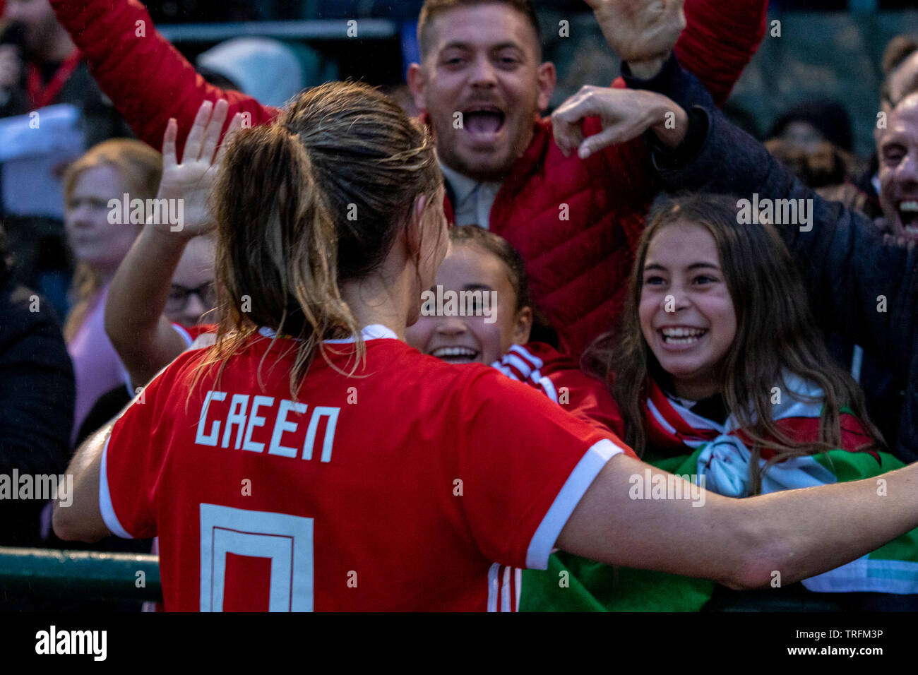 Kayleigh Green of Wales celebrates scoring the winning goal. Wales Women v New Zealand international match at Leckwith Stadium. Lewis Mitchell/YCPD. Stock Photo