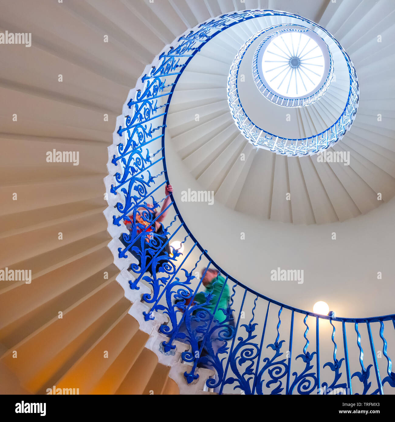 London, UK - May 21 2018: The sweeping Tulip Stairs are one of the original features of the Queen’s House. Built in the 17th century they were the fir Stock Photo