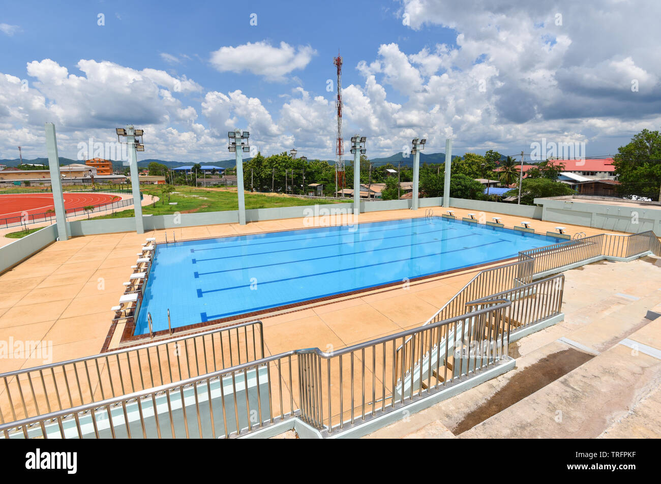 Competitive swimming pool / View on stand outdoors swimming pool with