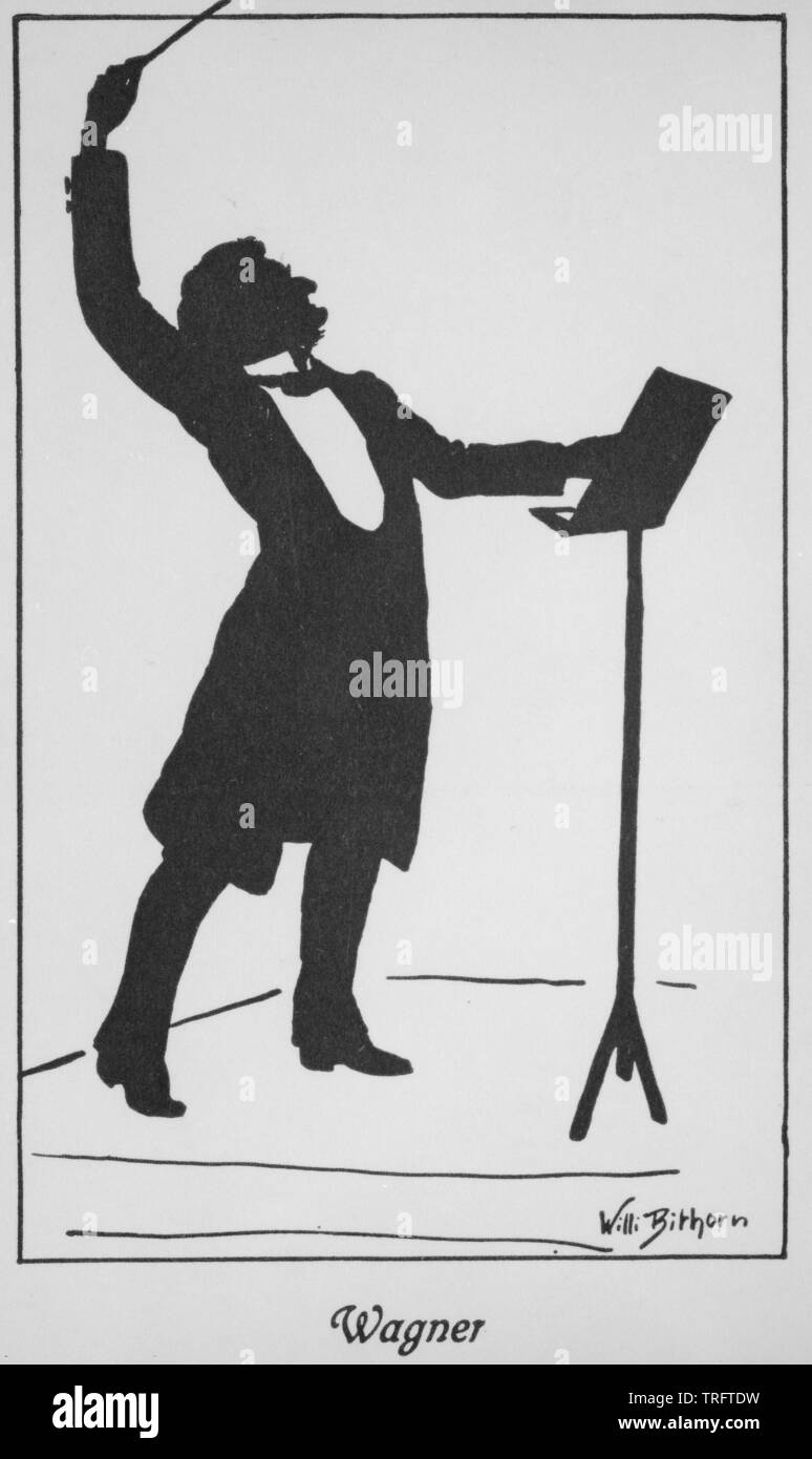 Wagner, Richard, silhouette in conductor pose (whole figure standing, right profile, rights with baton high upraise, left at music stand), print based on signed drawing by Willi Bithorn. postcard in Friday. A. Ackermann art publishers Munich, Additional-Rights-Clearance-Info-Not-Available Stock Photo
