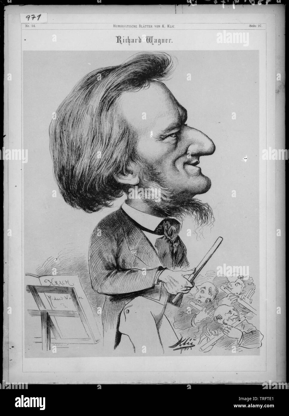 Wagner, Richard, caricature, drawing, zincographic, Additional-Rights-Clearance-Info-Not-Available Stock Photo