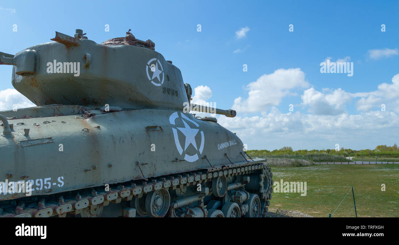 Utah beach, France - May 5, 2019: Sherman tanks at Utah beach in Normandy France. Stock Photo