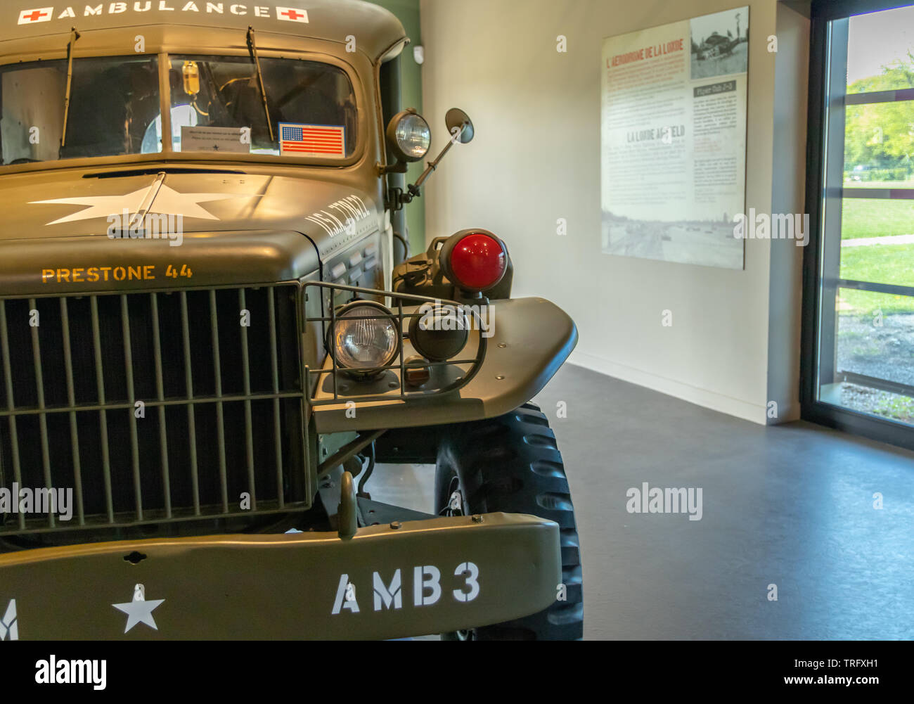 Sainte Mere Eglise, France - May 5, 2019: Dodge WC54 military ambulance truck in the airborne museum. Stock Photo
