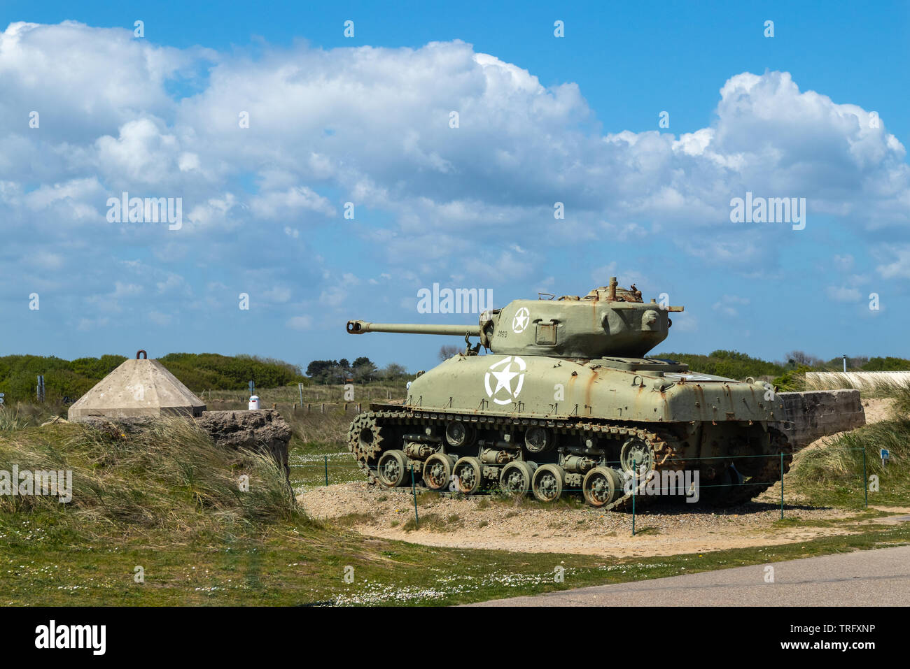 Utah beach, France - May 5, 2019: Sherman tanks at Utah beach in Normandy France. Stock Photo