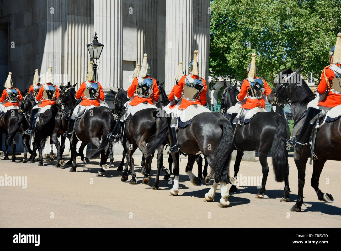 Royal guards on horseback dressed in ceremonial red coats pass in a parade uk Stock Photo Alamy
