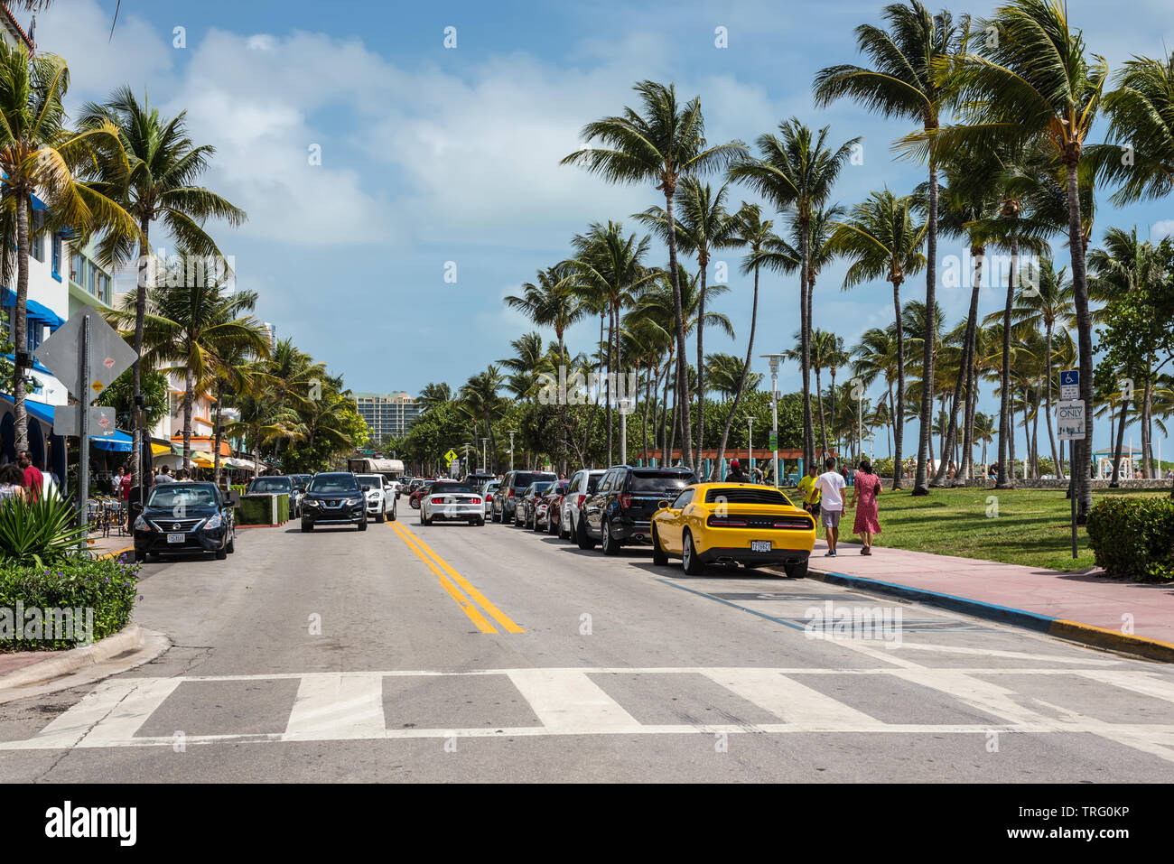 Miami, FL, USA - April 19, 2019: The Ocean Drive and Lummus Park at the historical Art Deco District of Miami South Beach in Miami, Fl, United States Stock Photo