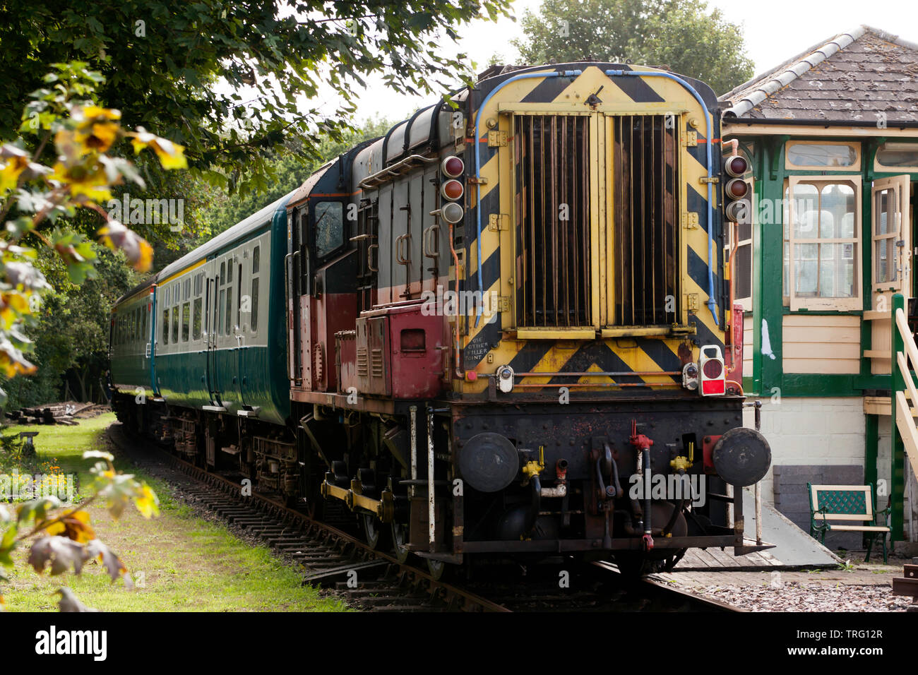 A Class 08 dieselelectric shunting pulling a train at East Kent Railway Trust