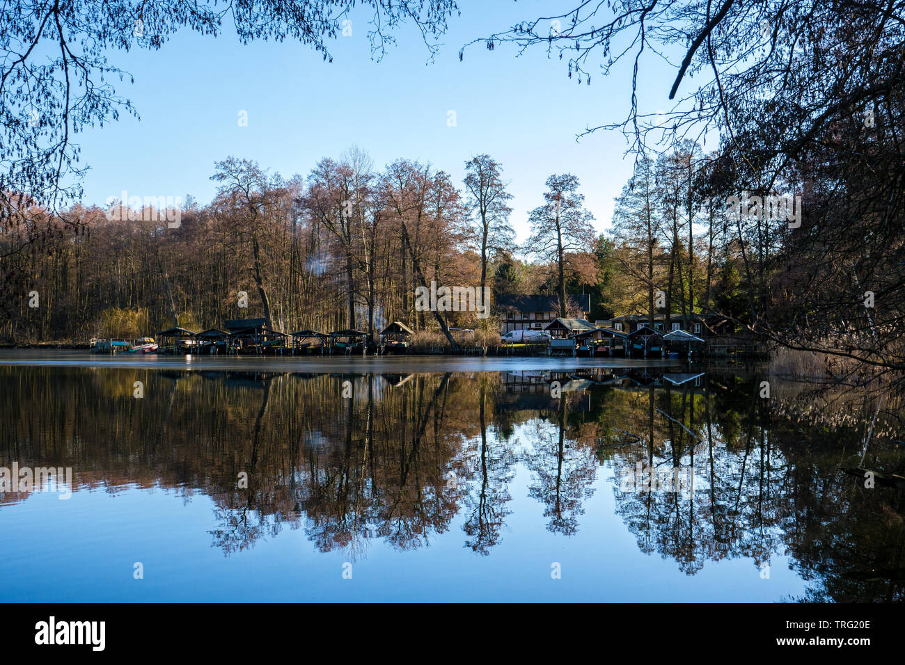 A lake in Brandenburg, boat launches and the forest border are reflected in the water Stock Photo