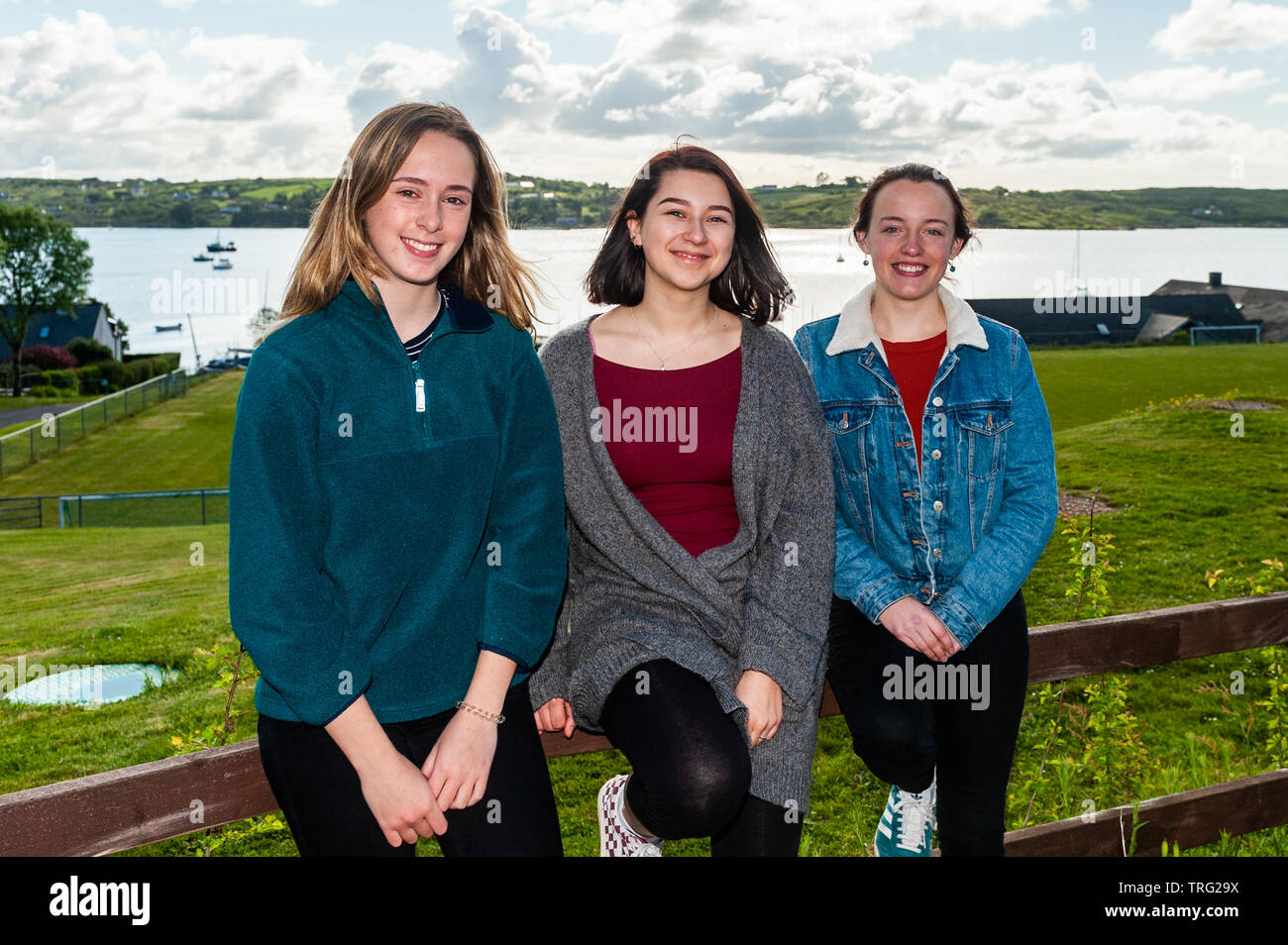 Schull, West Cork, Ireland. 5th June, 2019. The Leavingand Junior Cert exams started today for over 120,000 students in Ireland. English was the first Leaving Cert paper, followed by Home Economics. Preparing to sit their first Leaving Cert exam were Victoire Deseine, Schull; Aleesha Wiegandt, Ballydehob and Ana Barrett, Ballydehob. Credit: Andy Gibson/Alamy Live News Stock Photo