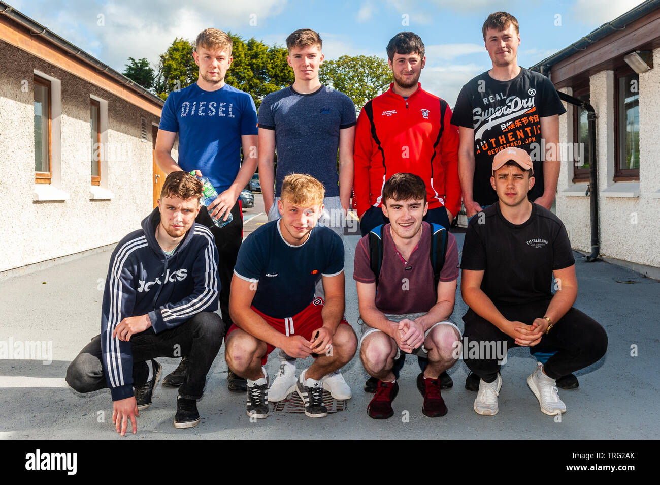 Schull, West Cork, Ireland. 5th June, 2019. The Leavingand Junior Cert exams started today for over 120,000 students in Ireland. English was the first Leaving Cert paper, followed by Home Economics. This group of lads were preparing to sit their first Leaving Cert exam. Credit: Andy Gibson/Alamy Live News Stock Photo