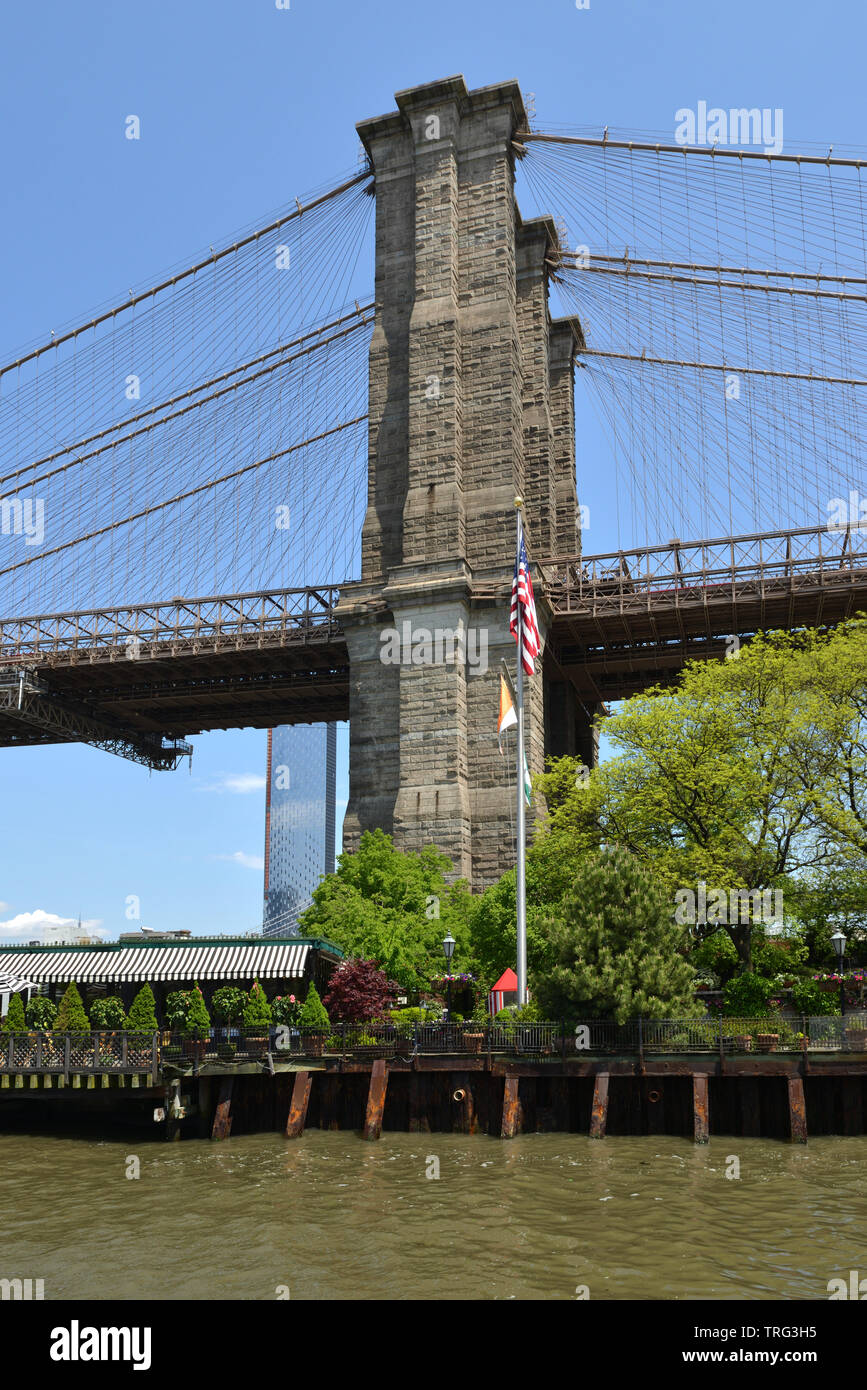 Brooklyn Bridge, hybrid cablestayed/suspension bridge in New York City