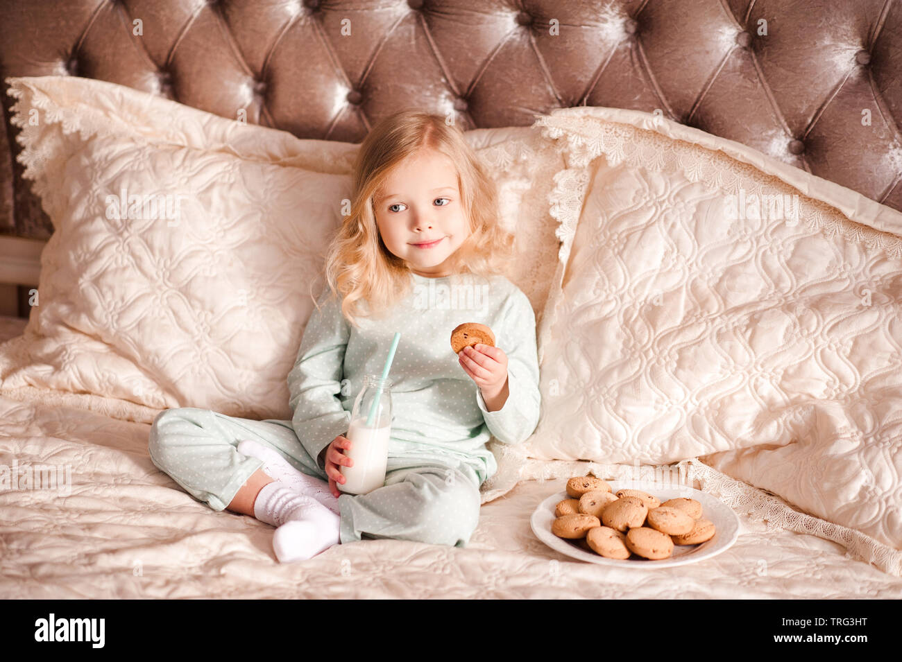 Girl Drinking Milk In Bed Stock Photos Girl Drinking Milk In Bed
