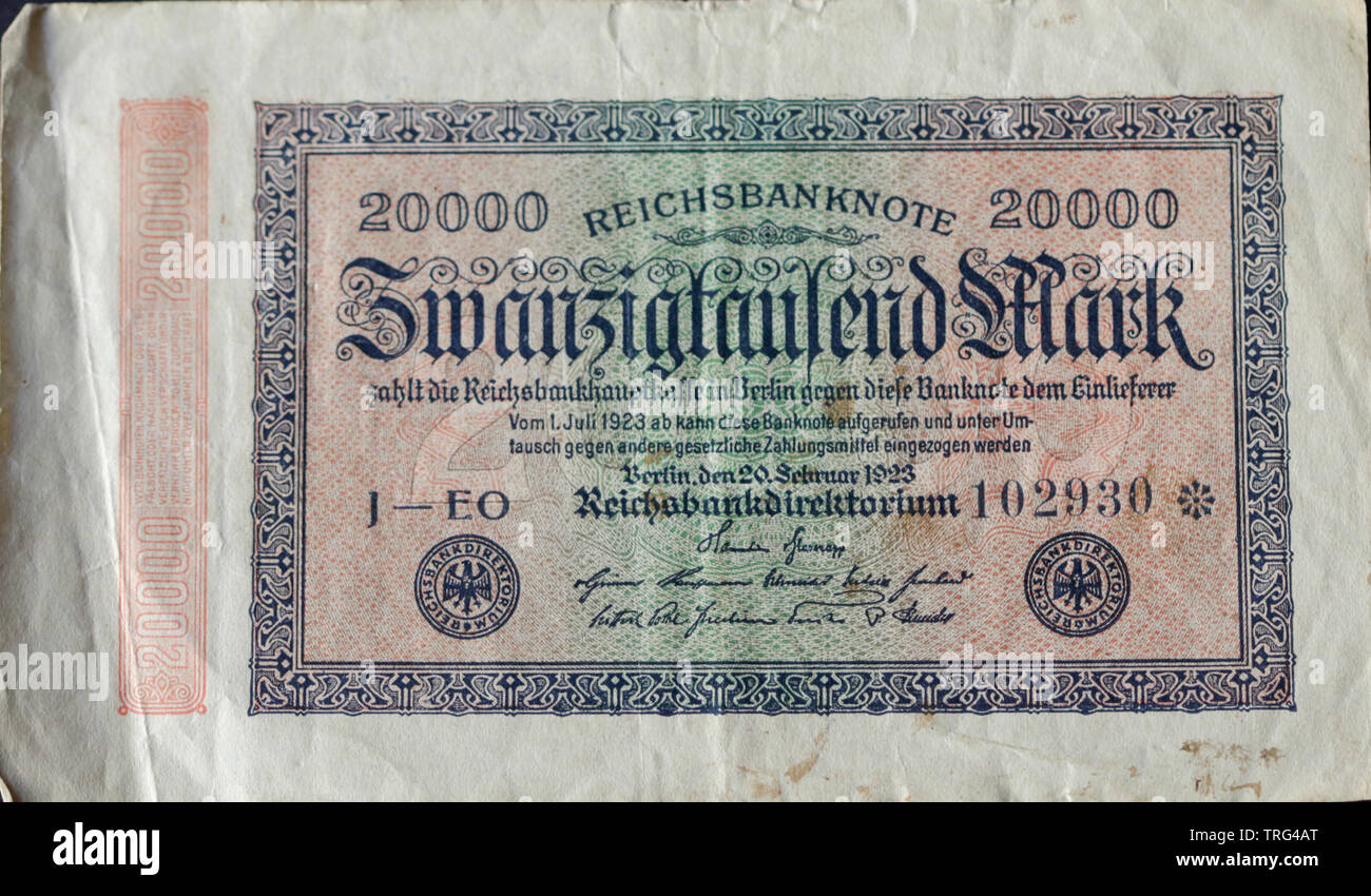 Twentythousand mark banknote issued in 1923 in Germany Stock Photo