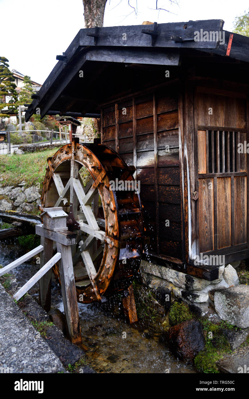 water wheel Tsumago Village Japan Stock Photo