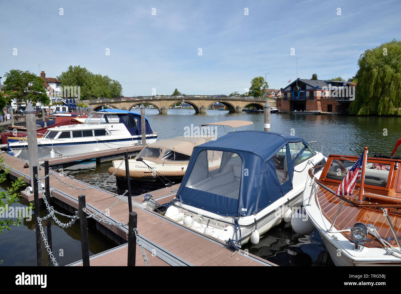 Pleasure boats moored on the River Thames at Henley in Oxfordshire Stock Photo