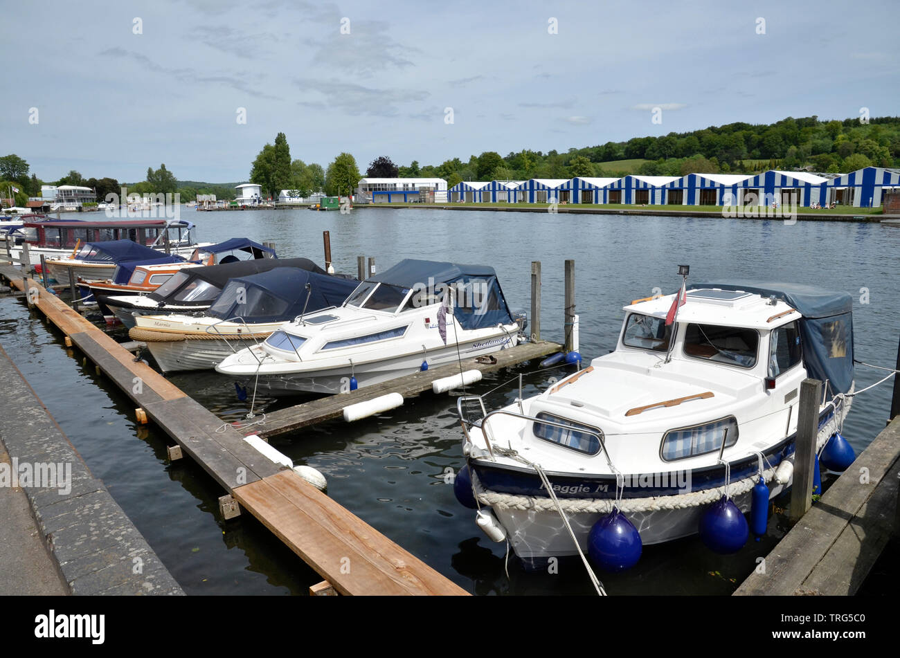 Pleasure boats moored on the River Thames at Henley in Oxfordshire Stock Photo