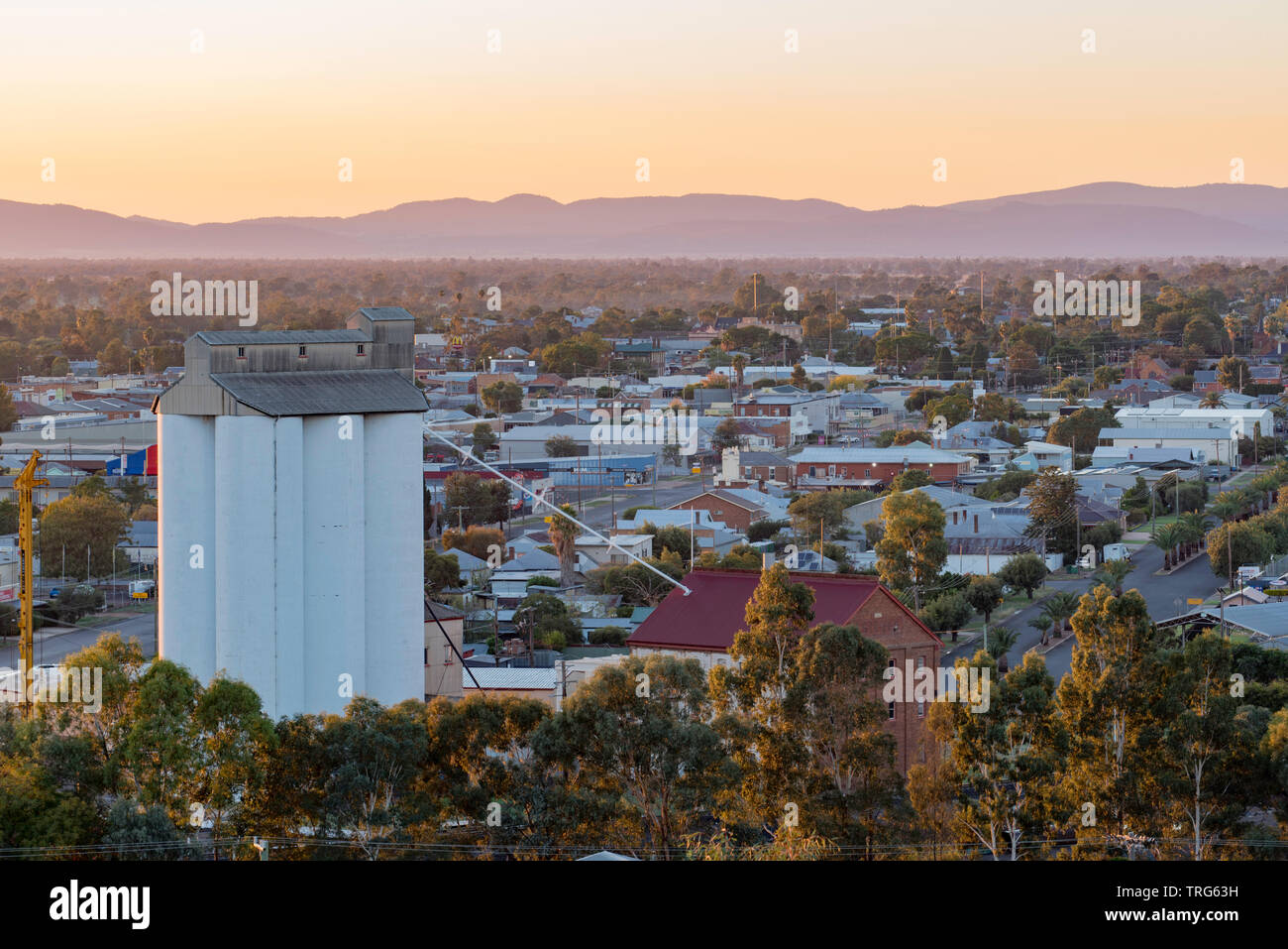 A morning sunrise bathes the town of Gunnedah in a warm glow. Looking