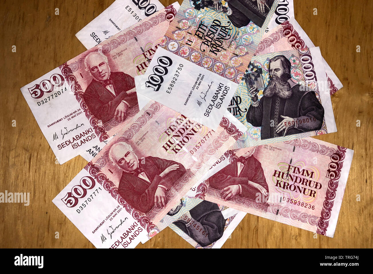 Icelandic cash. Money of Iceland. Several Icelandic krona bills on ...