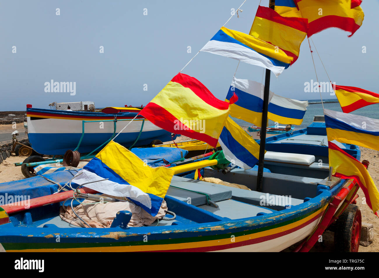 Barcas de pesca. Pueblo Las Salinas del Carmen. Isla Fuerteventura. Provincia Las Palmas. Islas Canarias. España Stock Photo