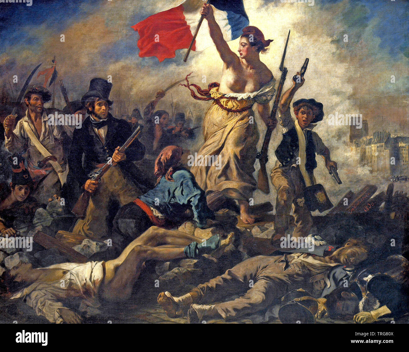 LIBERTY LEADING THE PEOPLE 1830 painting by Eugene Delacroix to commemorate the French July Revolution of 1830 Stock Photo