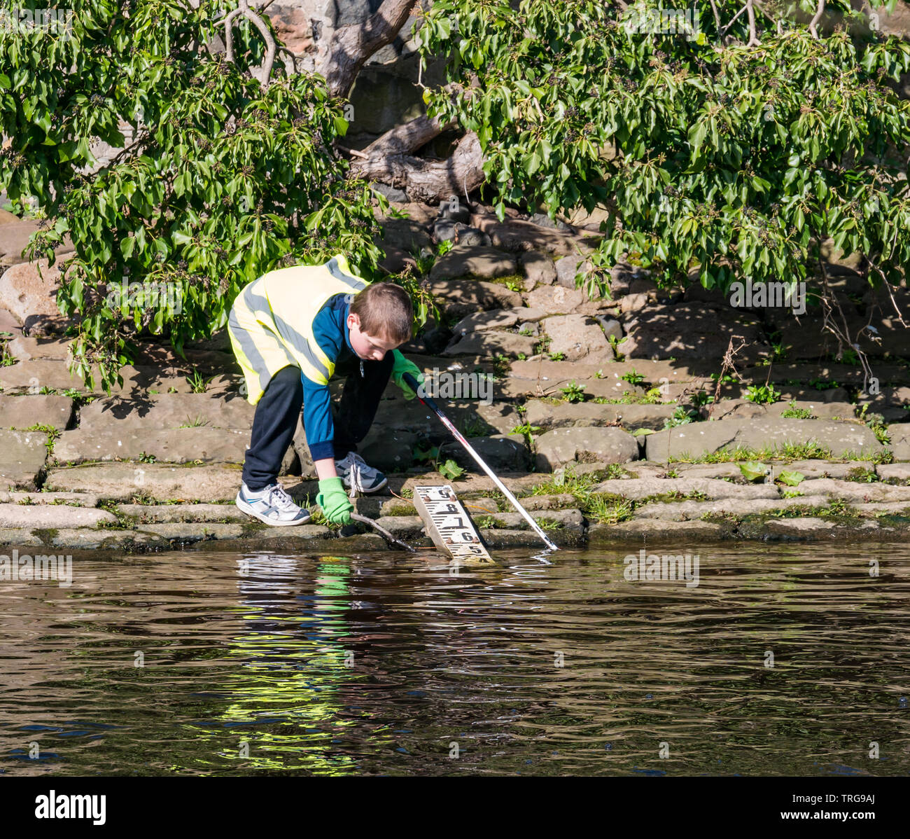 Volunteer boy participates in the litter pick up at river edge next to water depth measurement, Spring clean, Water of Leith, Edinburgh, Scotland, UK Stock Photo