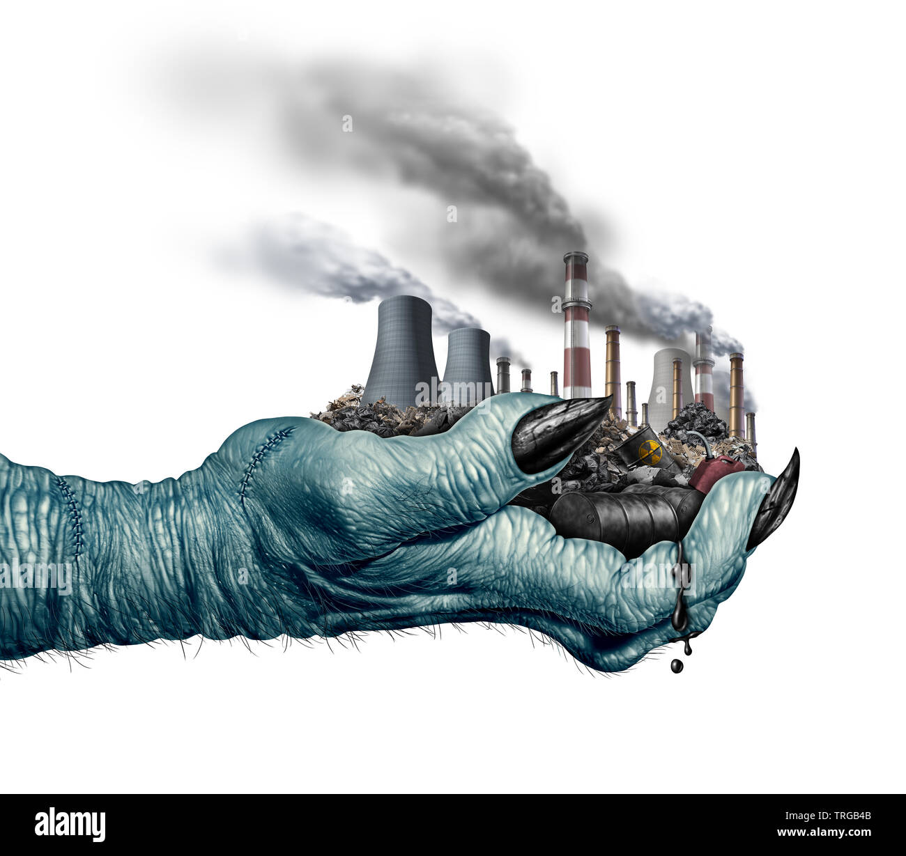 Environmental danger concept and climate change global environment risk as a monster hand holding polluting industry and toxic waste. Stock Photo