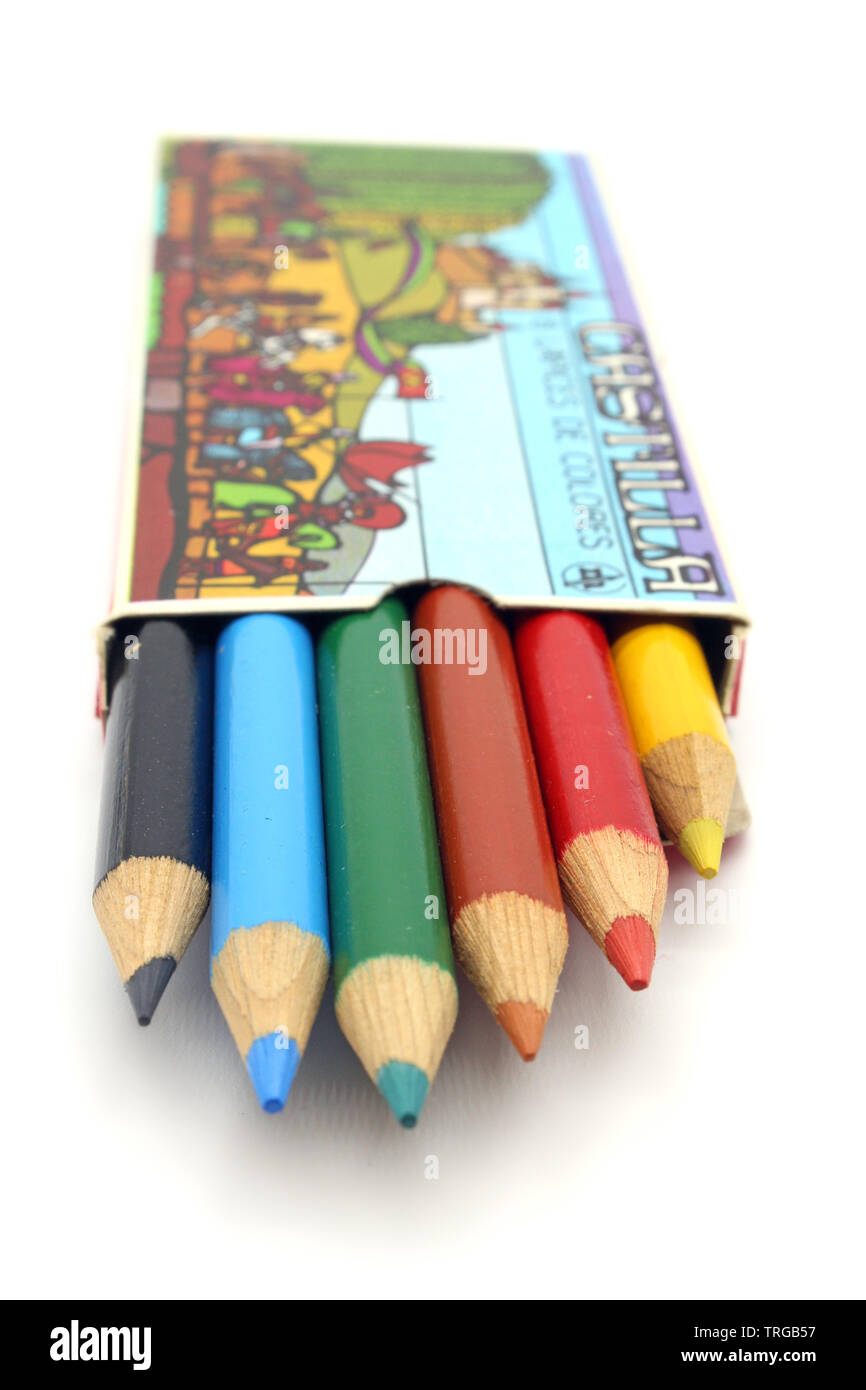 Color pencils in cardboard box, closeup Stock Photo Alamy