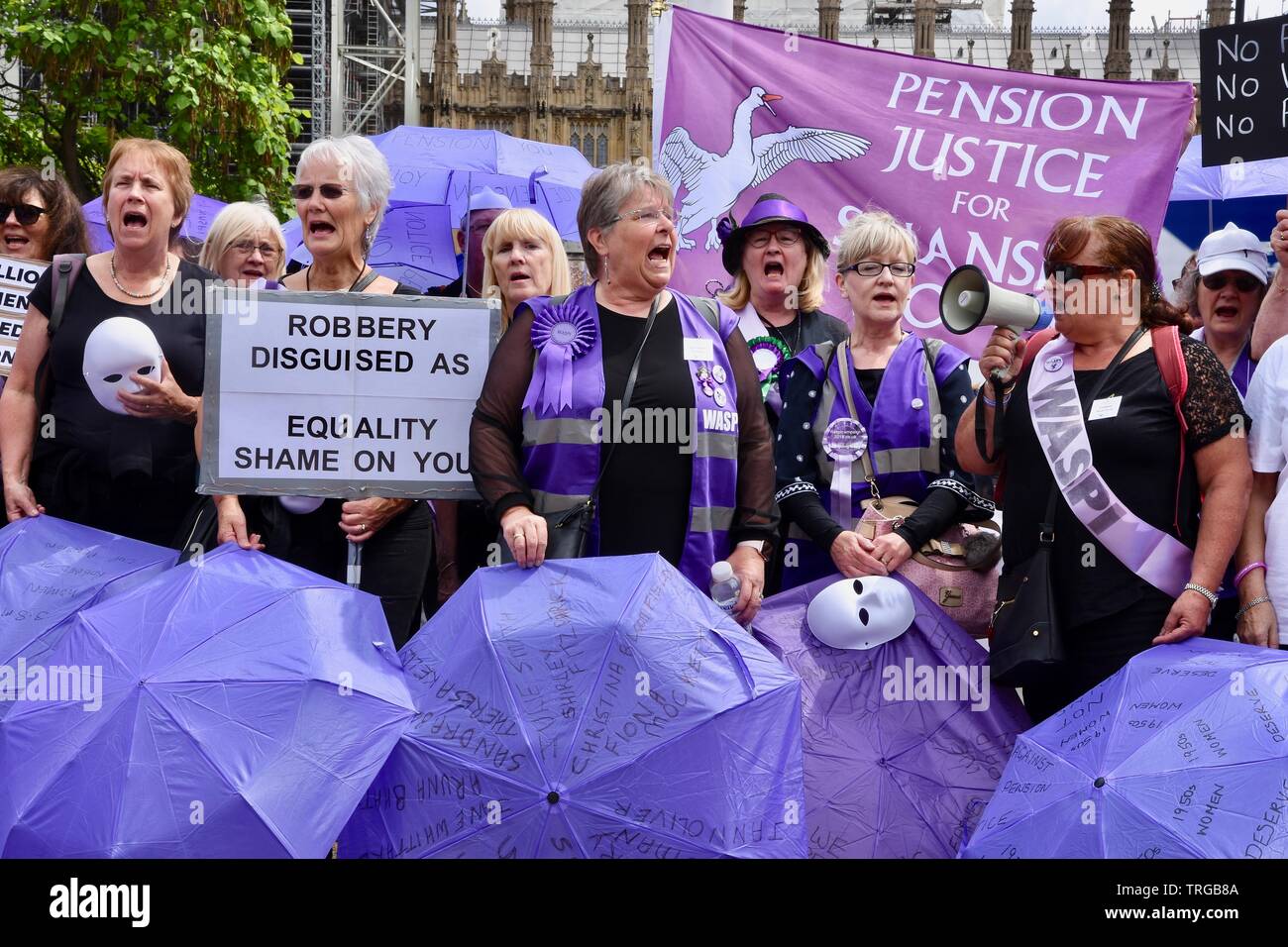 London, UK. 05th June, 2019. WASPI protesters demonstrate against pension inequality. Parliament Square, London. UK Credit: michael melia/Alamy Live News Stock Photo