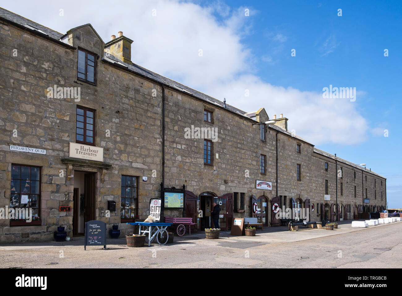 Gift shop, Fisheries and Community museum and cafe in renovated old buildings on Pitgaveny Quay, Lossiemouth, Moray, Scotland, UK, Britain Stock Photo