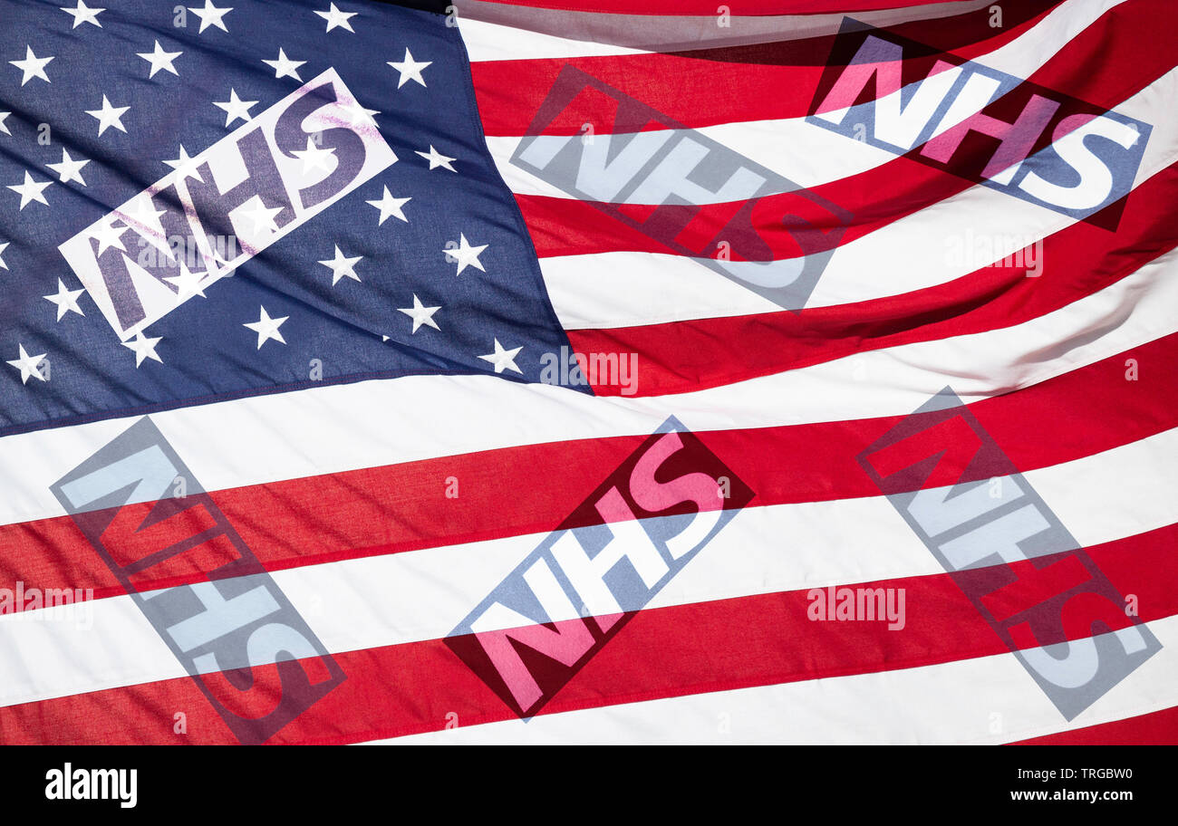 NHS (National Health Service) logo on stars and stripes flag. USA/United States of America UK trade deal/Brexit concept image. Stock Photo