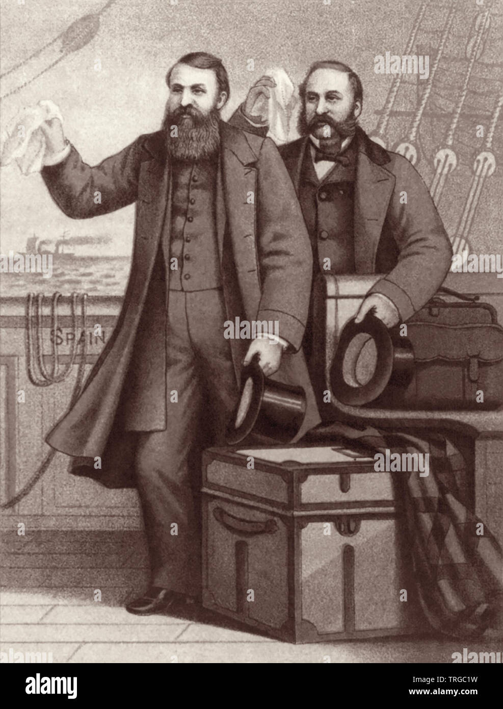 Lithograph illustration of 19th century American Christian evangelists D.L. Moody and Ira Sankey waving handkerchiefs from a ship in a farewell to England, c1877. Stock Photo