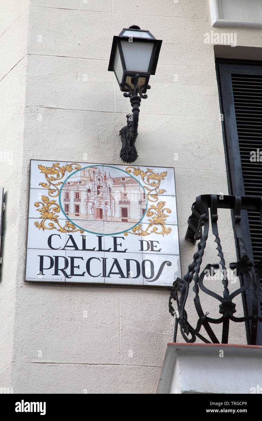 Preciados Street Sign, Madrid, Spain Stock Photo