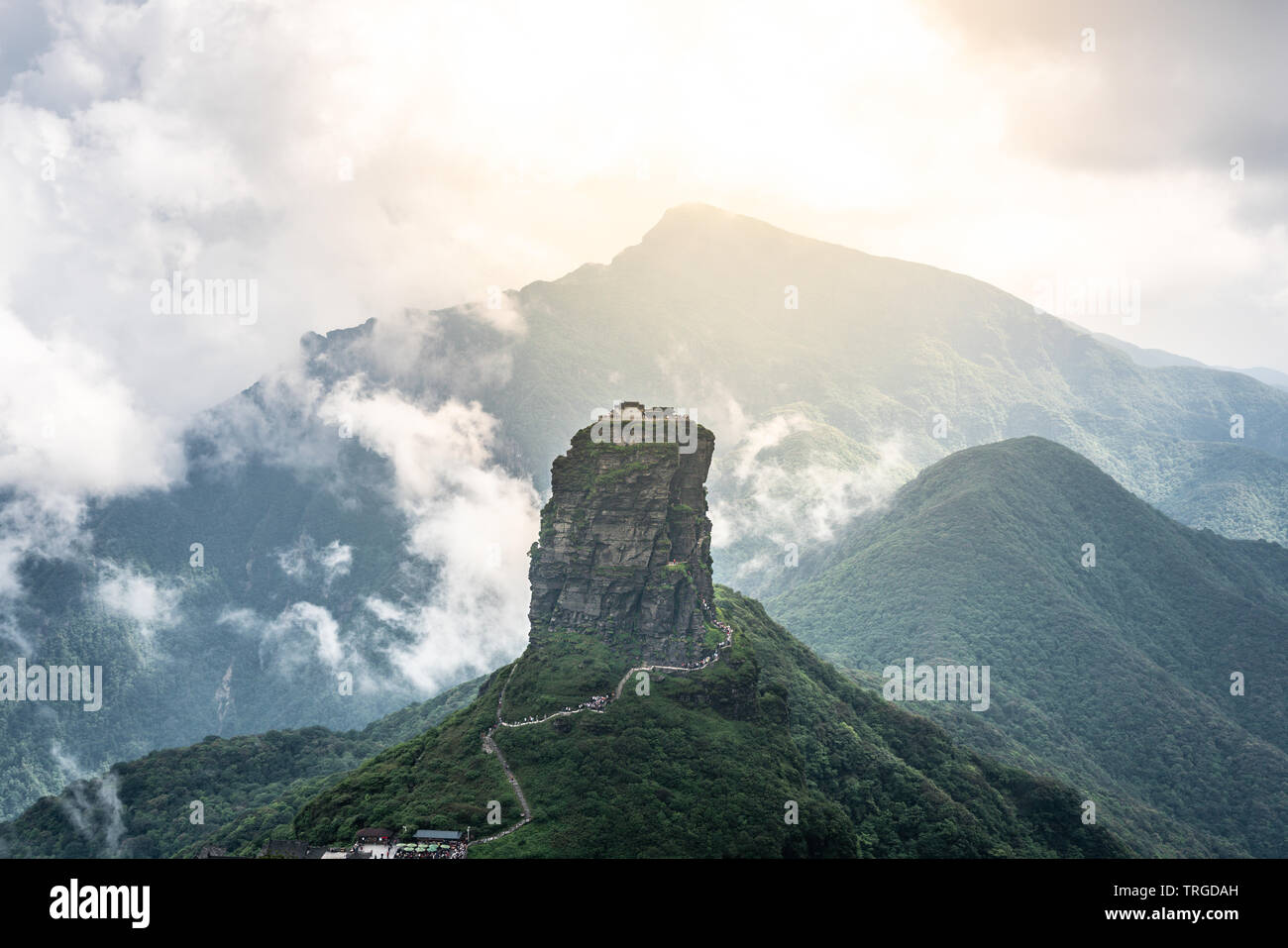 Sunset scenery in Fanjingshan mountain with view of the Fanjing mount and the red cloud golden peak with Buddhist temple on the top in Guizhou China Stock Photo