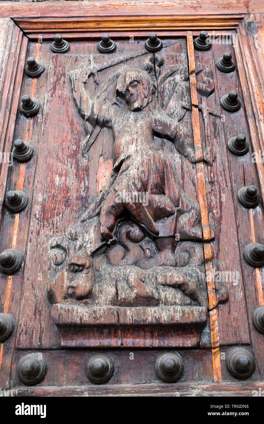 Carved Wood Figure on the Door to the Metropolitan Cathedral Mexico City Stock Photo