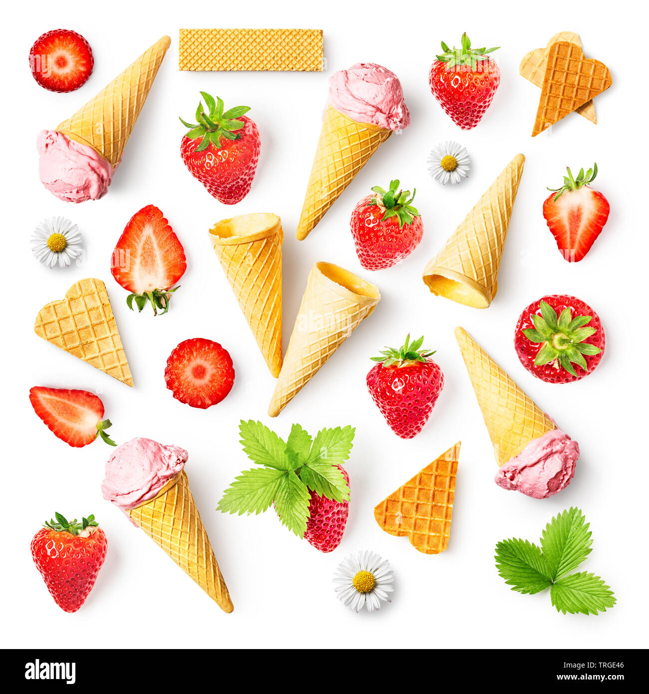 Fresh strawberries and strawberry ice cream with waffle cone collection isolated on white background. Healthy eating and dieting concept. Spring fruit Stock Photo