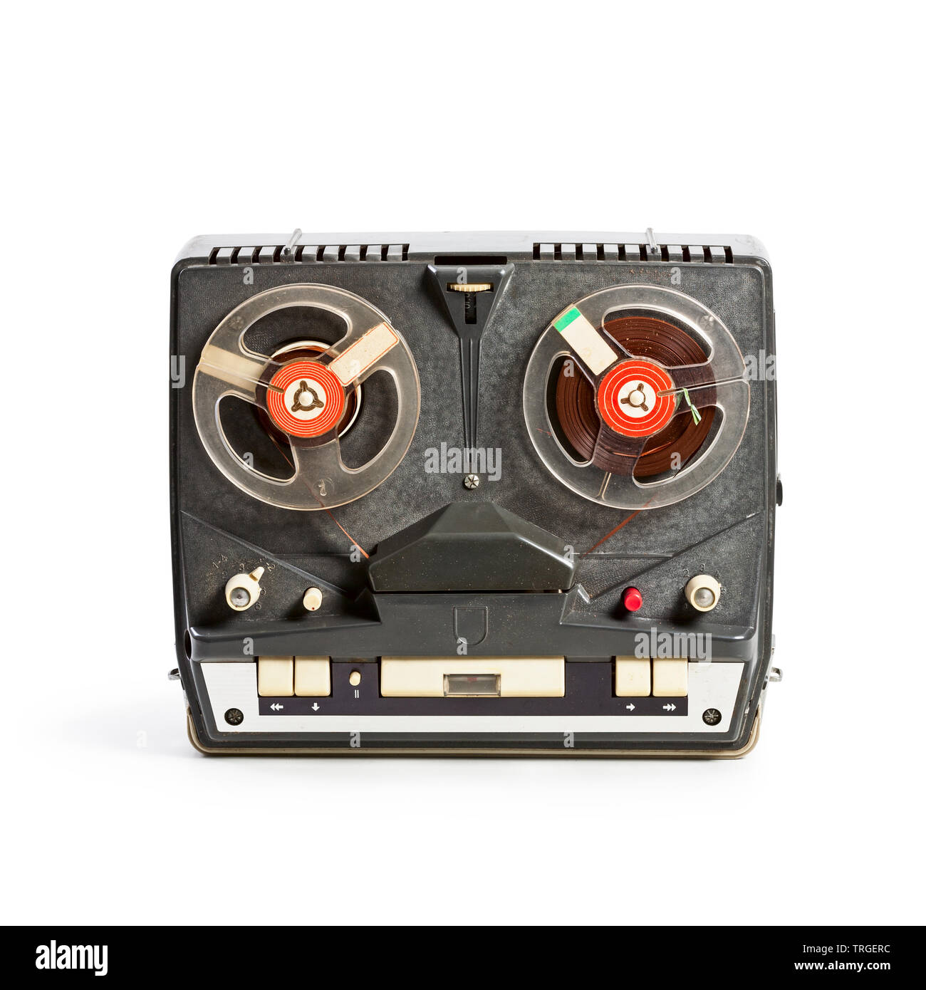 Vintage portable tape recorder with audio reels. Single object isolated on white background with clipping path. Retro technology Stock Photo