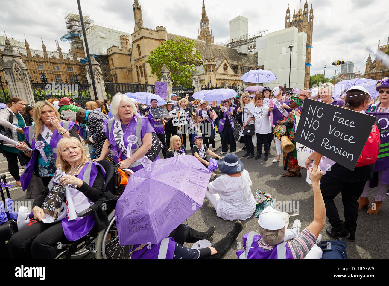 London, U.K. - 5 June, 2019: WASPI protestors, campaigning for pensions for women from the 1950s demonstrated in Parliament Square on the day of a judicial review. Stock Photo