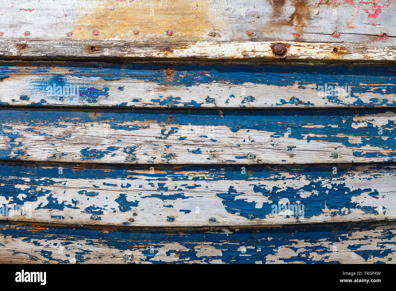 Abstract image of weathered wooden strips of a clinker built wooden dinghy in Steveston British Columbia Canada Stock Photo