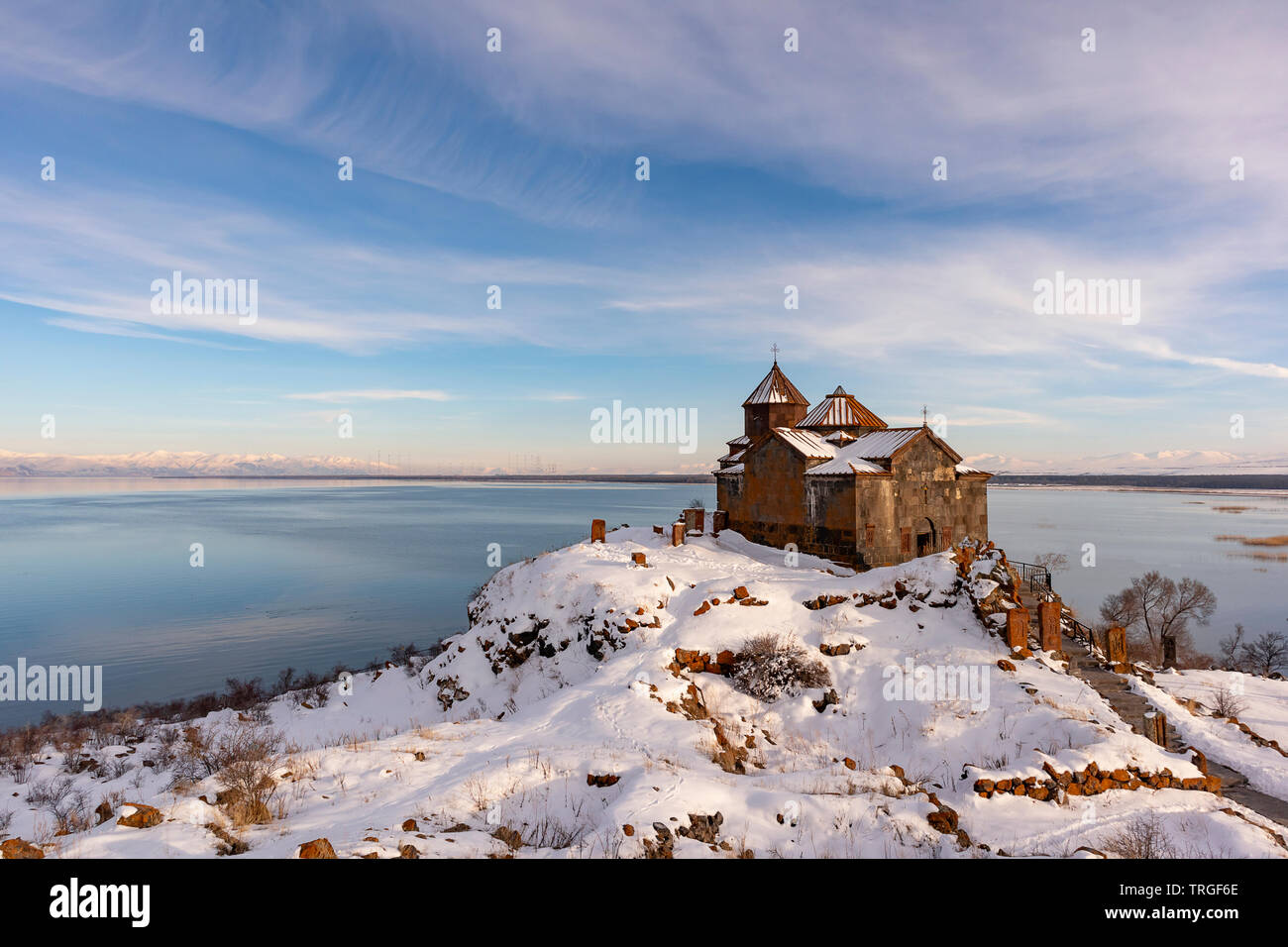 Hayravank Monastery in Armenia with a view of Sevan Lake. Stock Photo